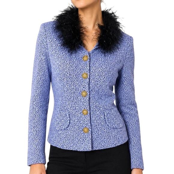 Willow Jackets & Blazers - M VTG Willow Blue Black Tweed Knit Jeweled Button Fur Collar Sweater Blazer Top